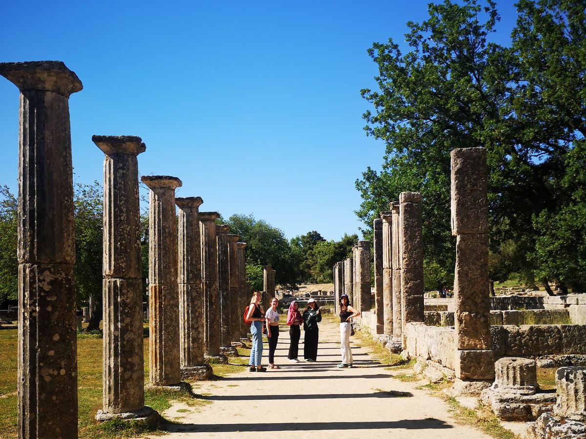 Full colonnade with students, Olympia